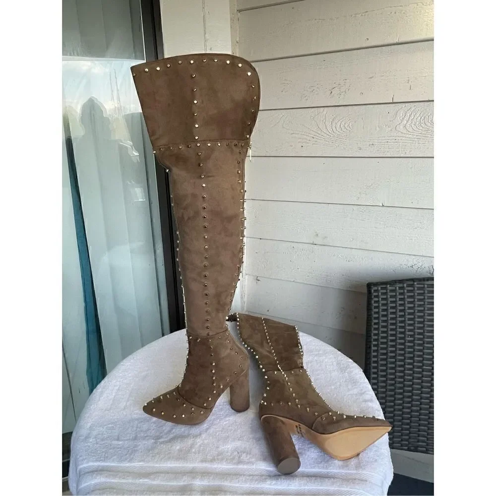 New Venus Faux Suede Studded Over the knee Taupe Boots